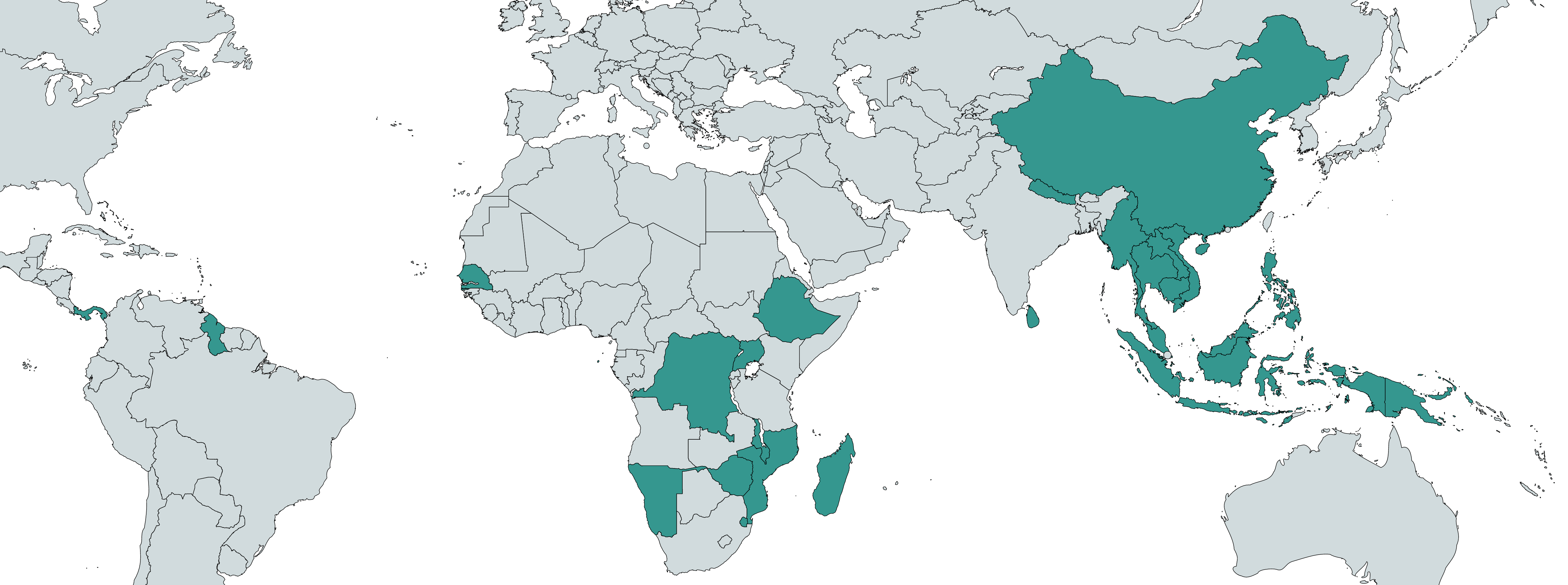 map highlighting Burma, Cambodia, China, the Democratic Republic of the Congo, Eswatini, Ethiopia, Guyana, Indonesia, Laos, Madagascar, Malawi, Malaysia, Mozambique, Namibia, Nepal, Panama, Papua New Guinea, Philippines, São Tomé and Príncipe, Senegal, Sri Lanka, Thailand, Uganda, and Zimbabwe